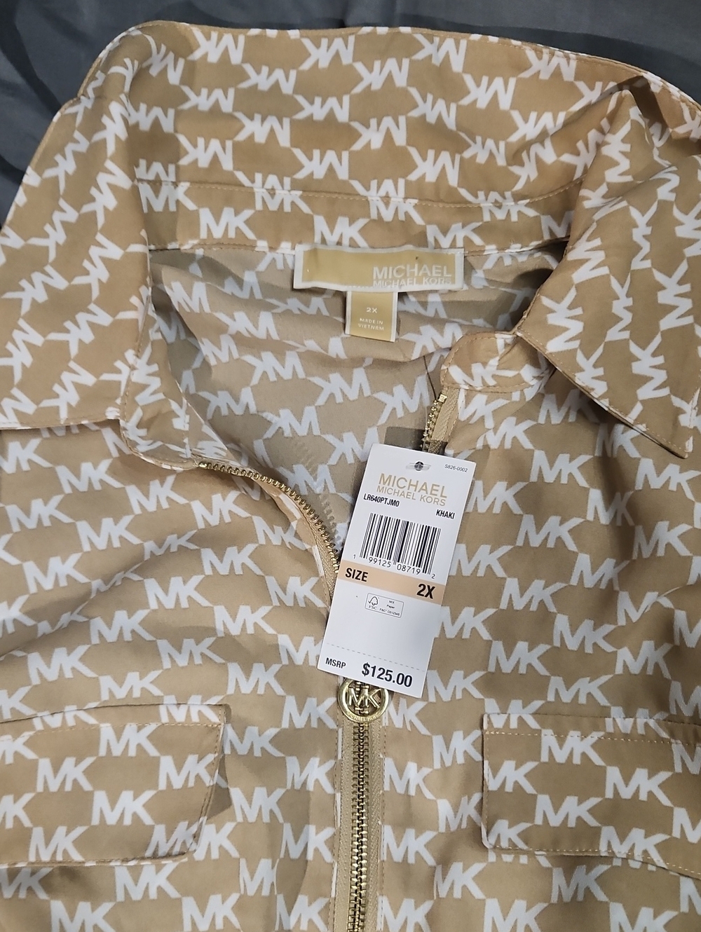 Michael Kors Tan/Khaki and White Logo Half-Zip Shirt - Picture 2 of 7